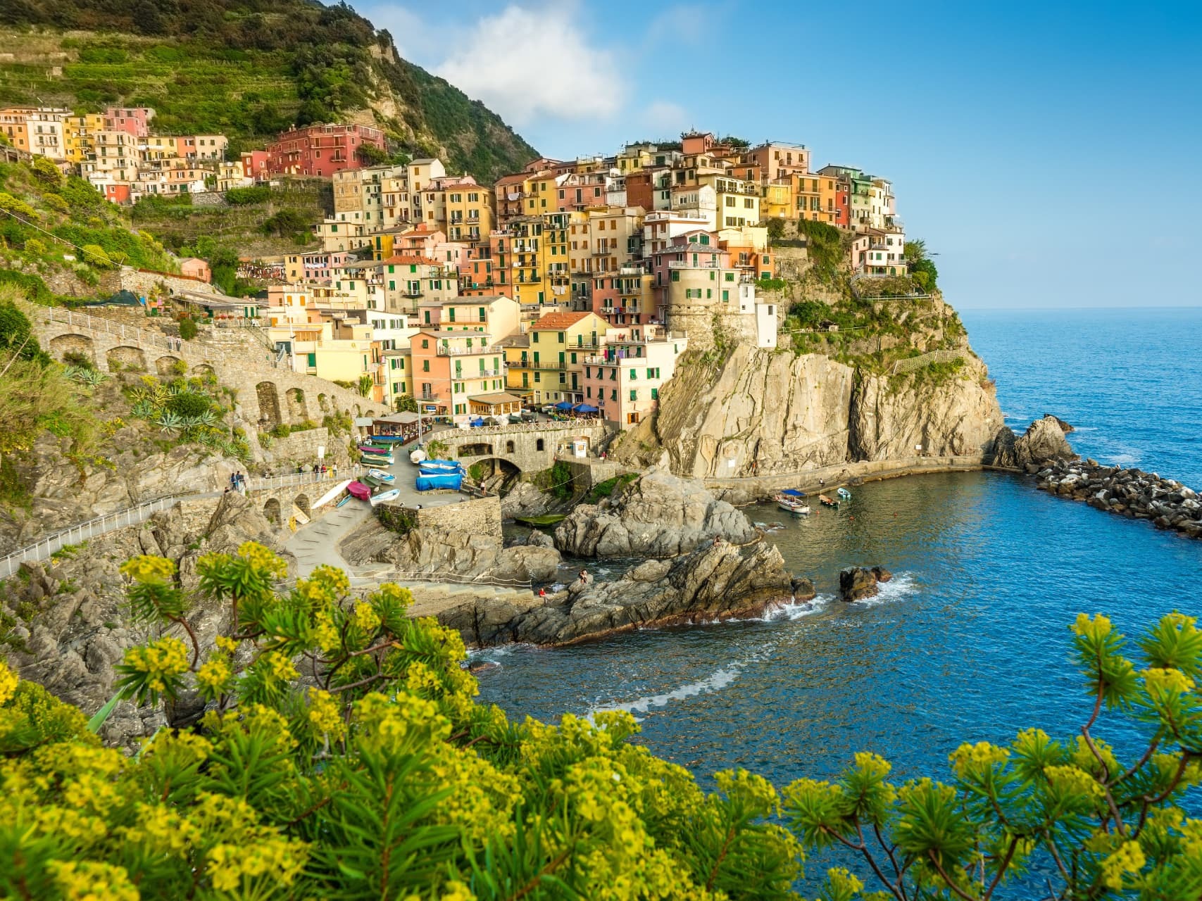 Manarola in Cinque Terre, Italy, above a small harbor