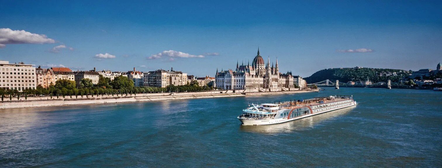 River ship on the Danube in front of the Budapest Parliament