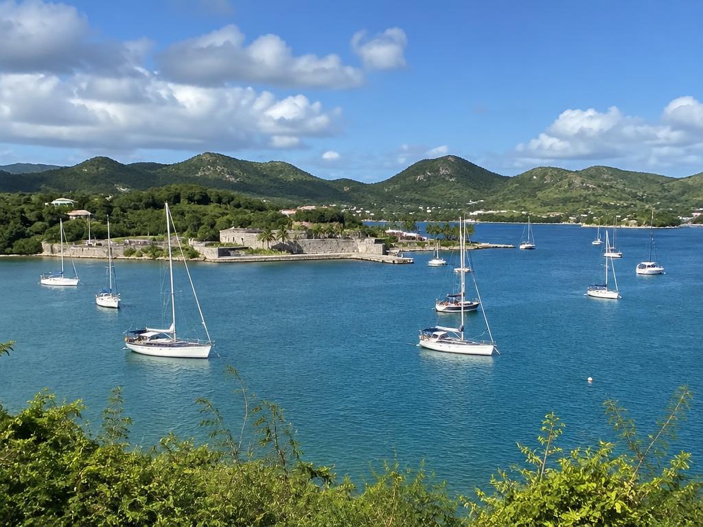 Sailing yachts anchored in a sheltered harbor