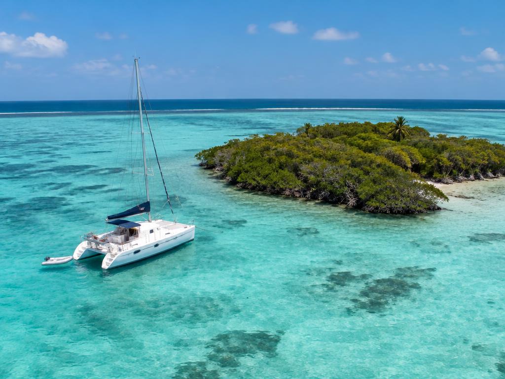Catamaran anchored beside a small tropical caye