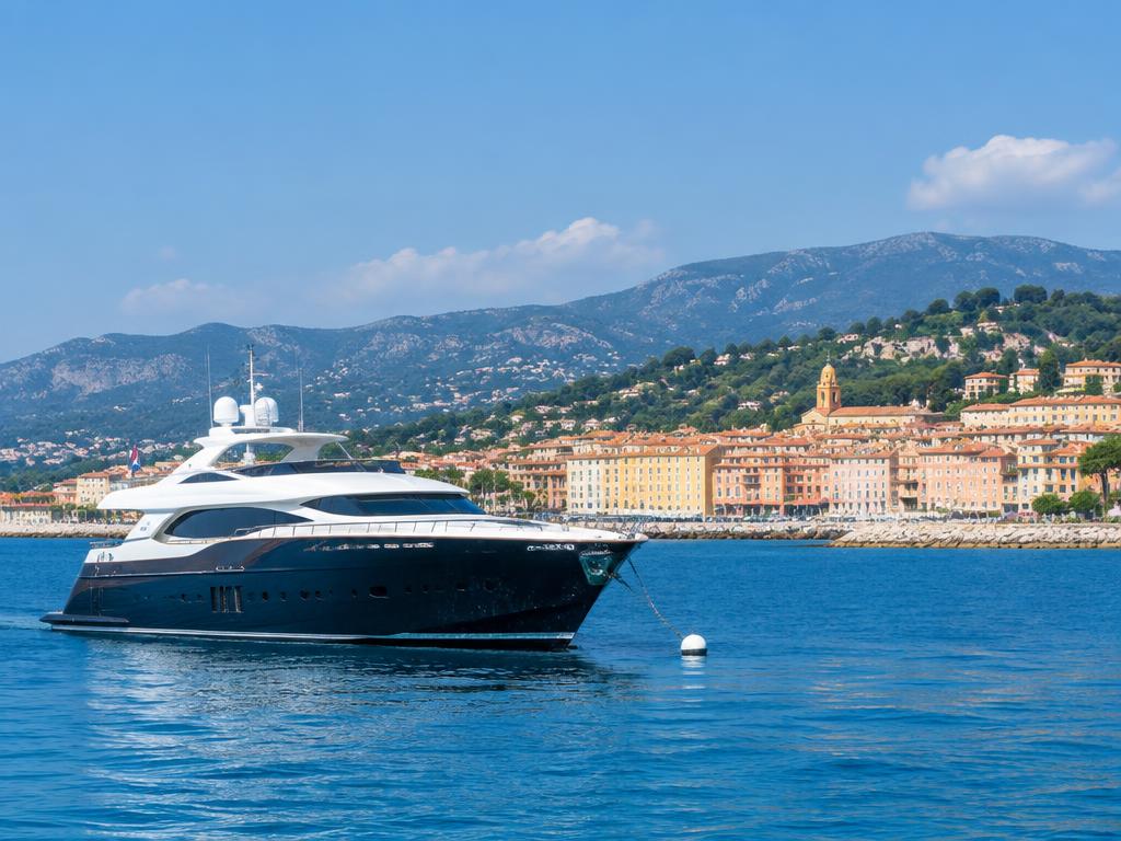 Motor yacht anchored off a Mediterranean coast