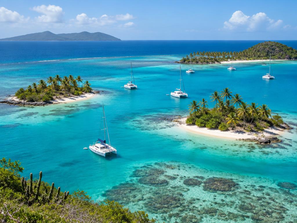 Catamarans anchored among small tropical islands