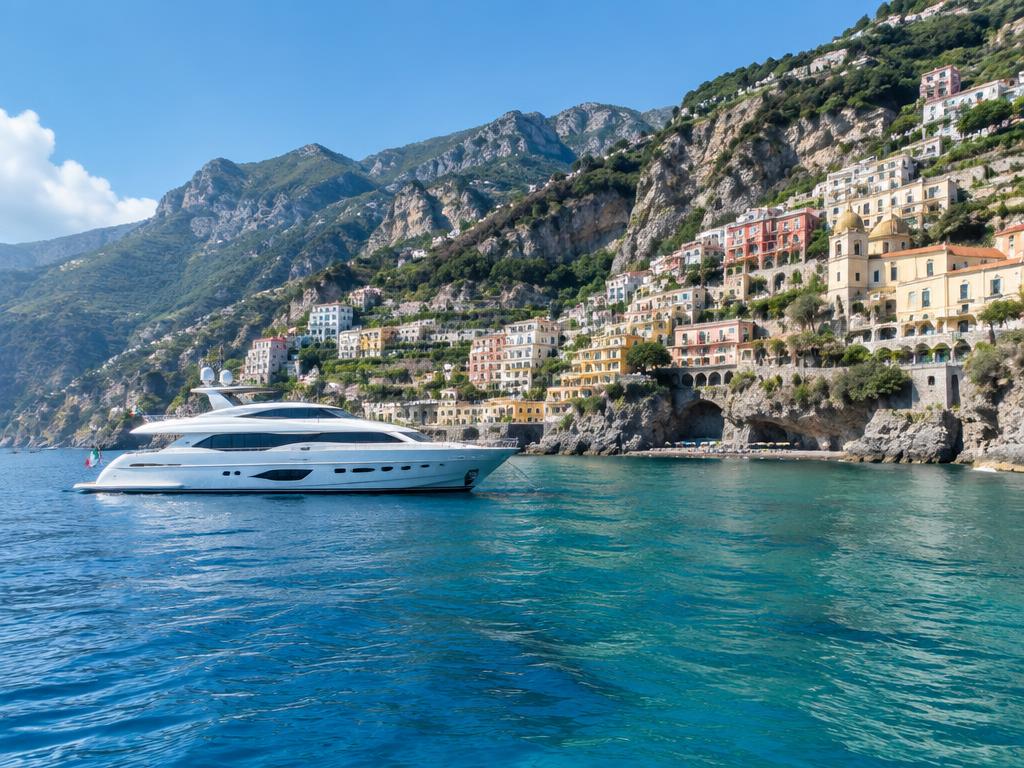 Motor yacht cruising below a cliffside town