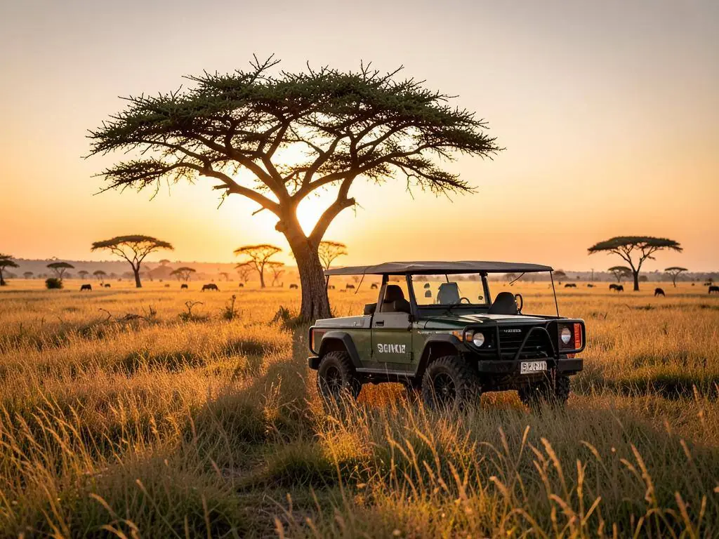 Safari vehicle at dawn in the Masai Mara, Kenya, on a luxury safari itinerary