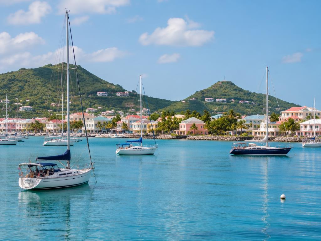 Yachts anchored off a green Caribbean island