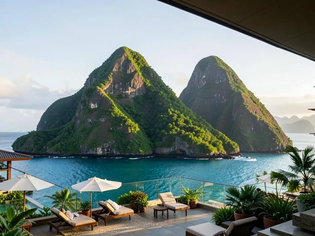 The Pitons seen from a resort terrace in St. Lucia, Caribbean luxury travel