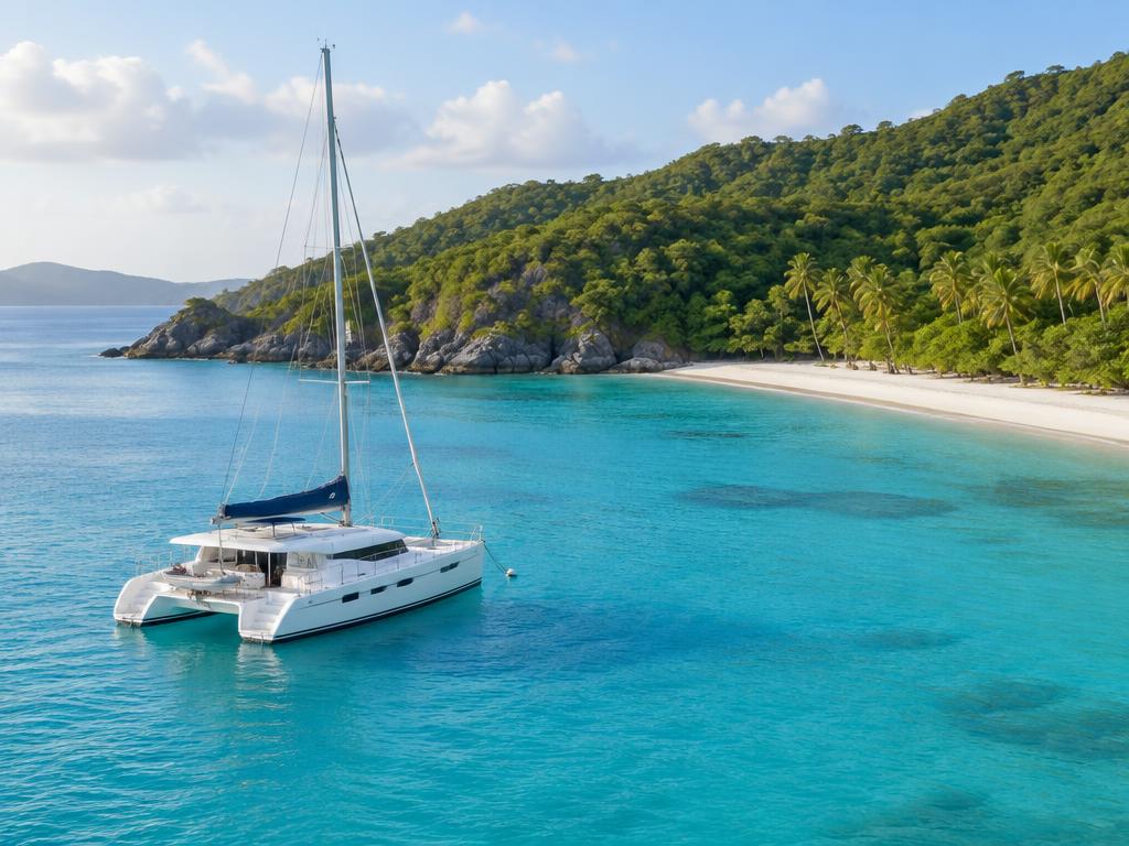 Crewed catamaran anchored in a turquoise bay